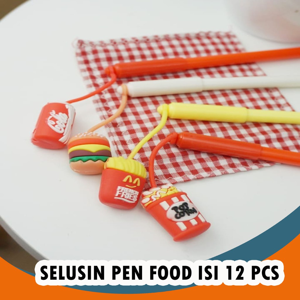 SELUSIN PULPEN FOOD ISI 12PCS GANTUNGAN FOOD COLA BURGER POPCORN BOLPEN GEL PENA KARAKTER