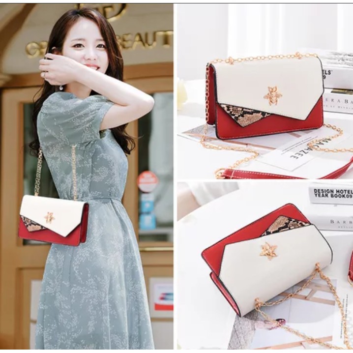 Tas Crossbody Tas Selempang Import Tali Rantai Warna Emas Logo Lebah Kecil SWJ21