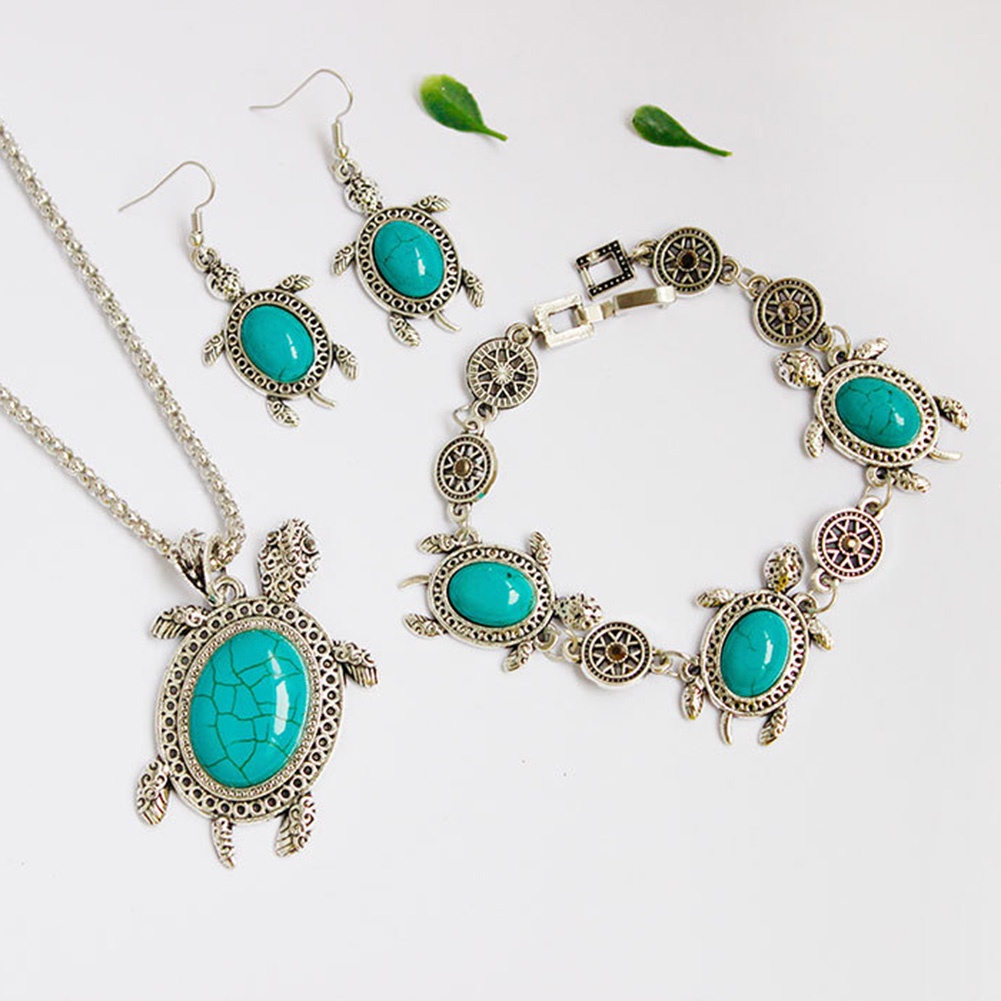 Hu Hu Hu Hu Hu Alat Bantu Pasang Kacamata♡ 3pcs / Set Anting Kalung Gelang Desain Kura-Kura Turquoise Tiruan Gaya Retro Untuk Wanita