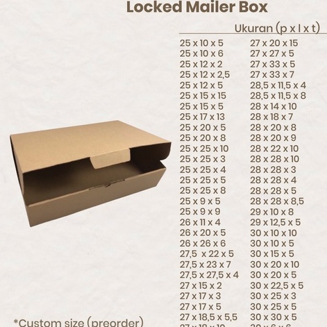 [MIN 20 PCS] LOCKED MAILER BOX CUSTOM KARDUS E-FLUTE 17X12X6 / 17X13X4 / 17X14X5 / 17X14X7 / 17X15X4 / 17X15X8 / 17X23X3,5 / 17,5X8X7 / 18X5X5 / 18X6X3 / 18X9X3 / 18X9X6 / 18X10X5 / 18X12X4  / 18X13X12 / 18X14X5 / 18X15X3 / 18X15X7 / 18X16X6 / 18X18X3 CM