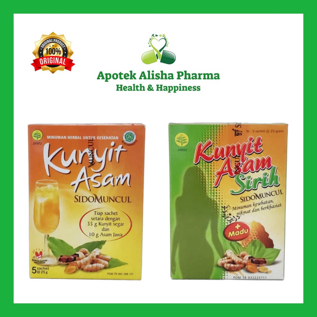 

Kunyit Asam Sidomuncul Kuning / Kunyit Asam Sirih Sido Muncul Hijau (Box 5Sachet)