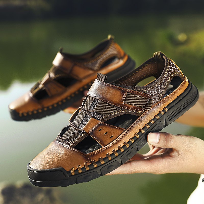 Sepatu Sandal  Pria  Bahan Kulit Sapi Asli Ukuran Besar 