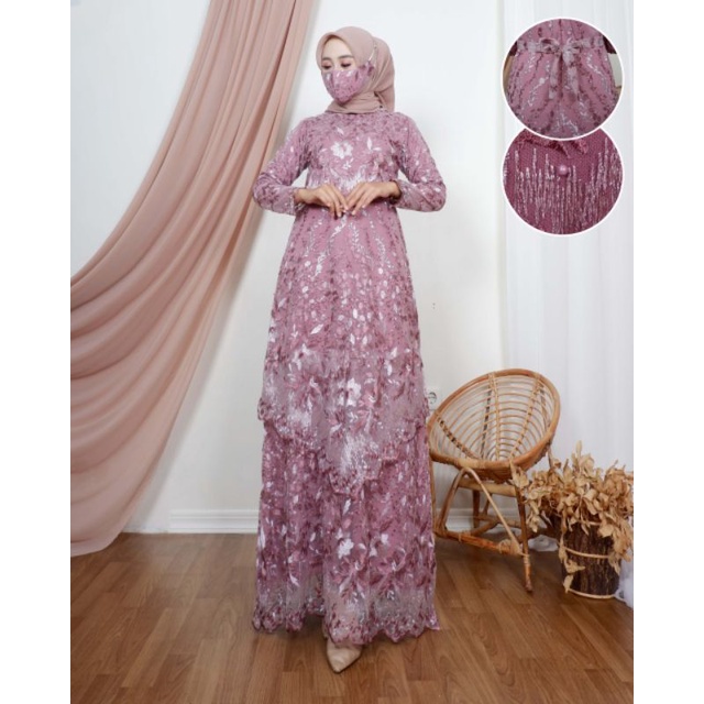 Permata Olshop / Gamis Tingkat Runcing Claudia2 NK / Kebaya Gamis Modern Tulle Terbaru / Gamis Pesta Mewah / Kebaya Gamis Seragam Nikah