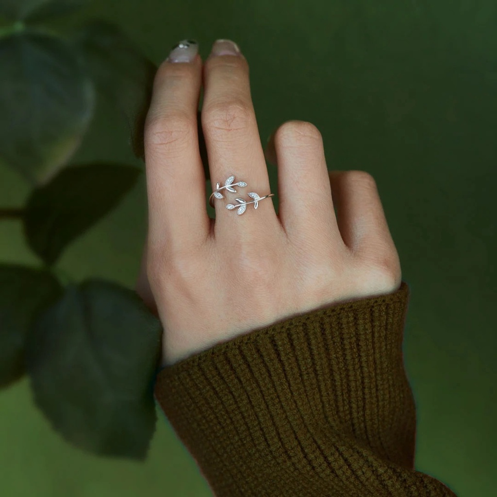 European and American simple leaf ring diamond cross ring female lady leaf diamond open ring retro ring