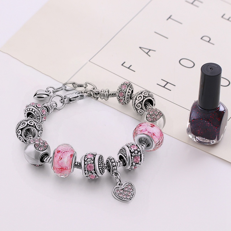 Pink Crystal Beads Butterfly Charm Bracelet For Women DIY Jewelry Silver Plated Snack Chain Bracelets For Girls Gift