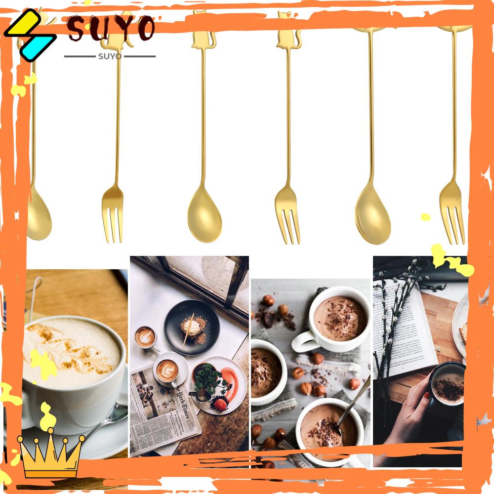 Suyo 1pc Sendok Aduk Kopi / Buah Bahan Stainless Steel Desain Ikan / Kucing