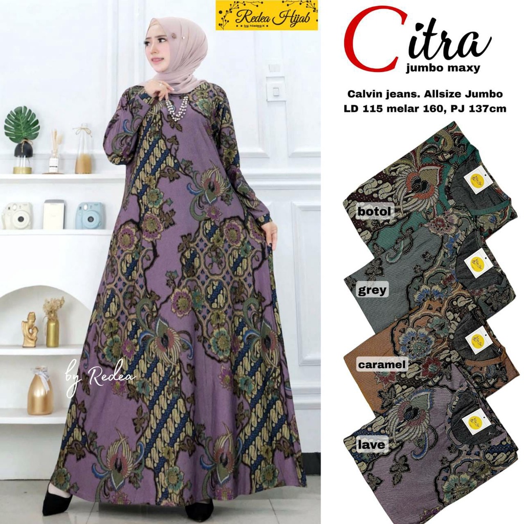 Gamis Citra Jumbo Maxy Muat BB 70 - 100 kg Bahan Calvin Jeans LD115 Melar 150 cm Kaos Batik Modern