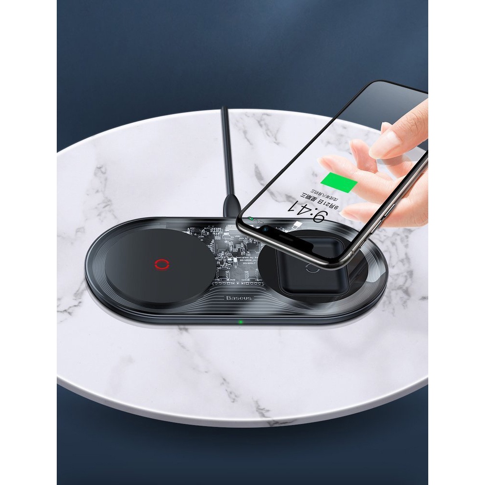 Baseus Fast Wireless Charger Pad 2 in 1 Smartphone Airpods with Charger - TZWXJK-B01 - Black