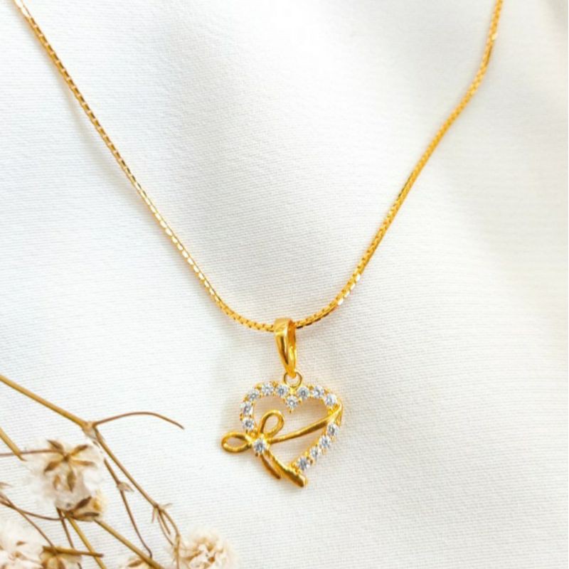 Kalung Tali Rantai Liontin Love Hati Permata Putih Perhiasan Emas asli