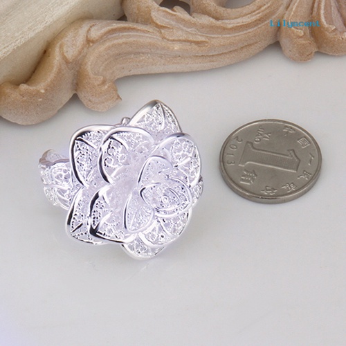 Ls Cincin Lapis Silver Model Terbuka Bentuk Bunga Hollow Elegan Untuk Wanita