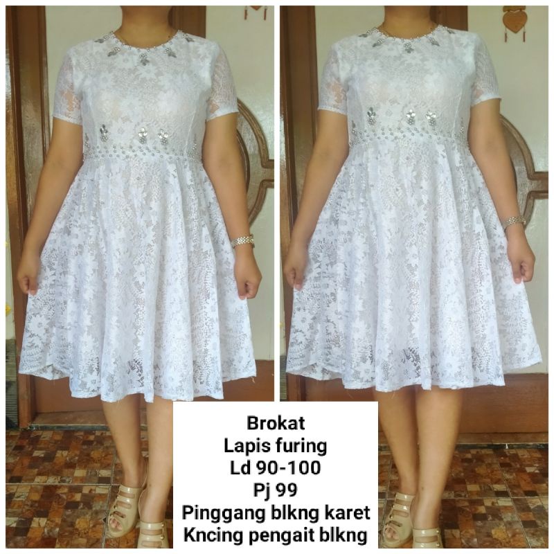 Dress brokat putih lengan pendek payet mutiara s m l pinggang karet