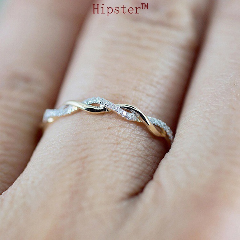 Simple and Versatile Fashion Diamond-Embedded Wave Pattern Fine Rose Golden Ring