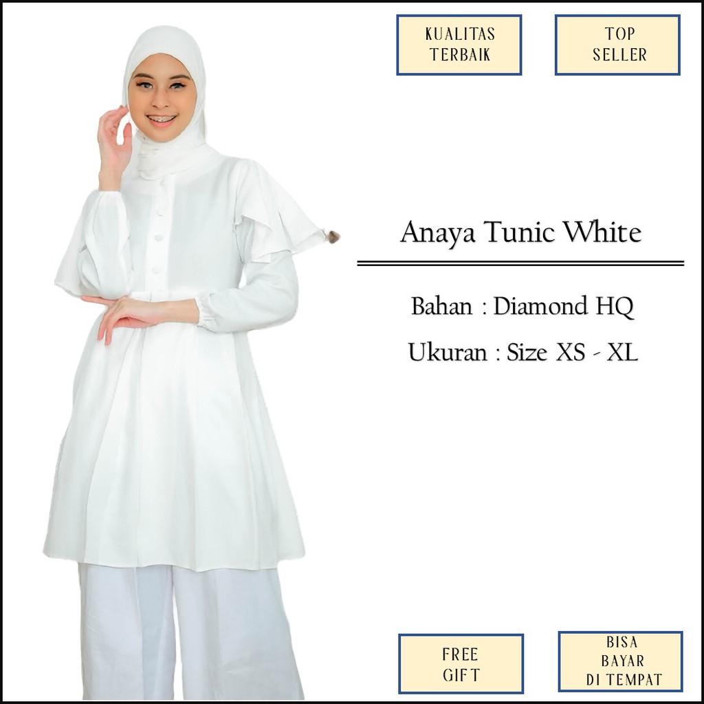 Atasan Muslimah Tunik Tunic Polos Putih Broken White Kancing Depan Busui Friendly Size XS XL M1322