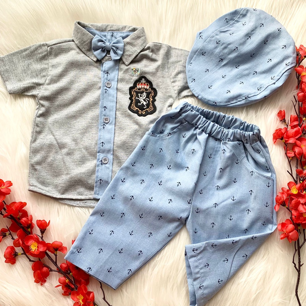 Baju setelan kemeja celana motif bagus pergi jalan fashion anak bayi cowok laki murah -bab