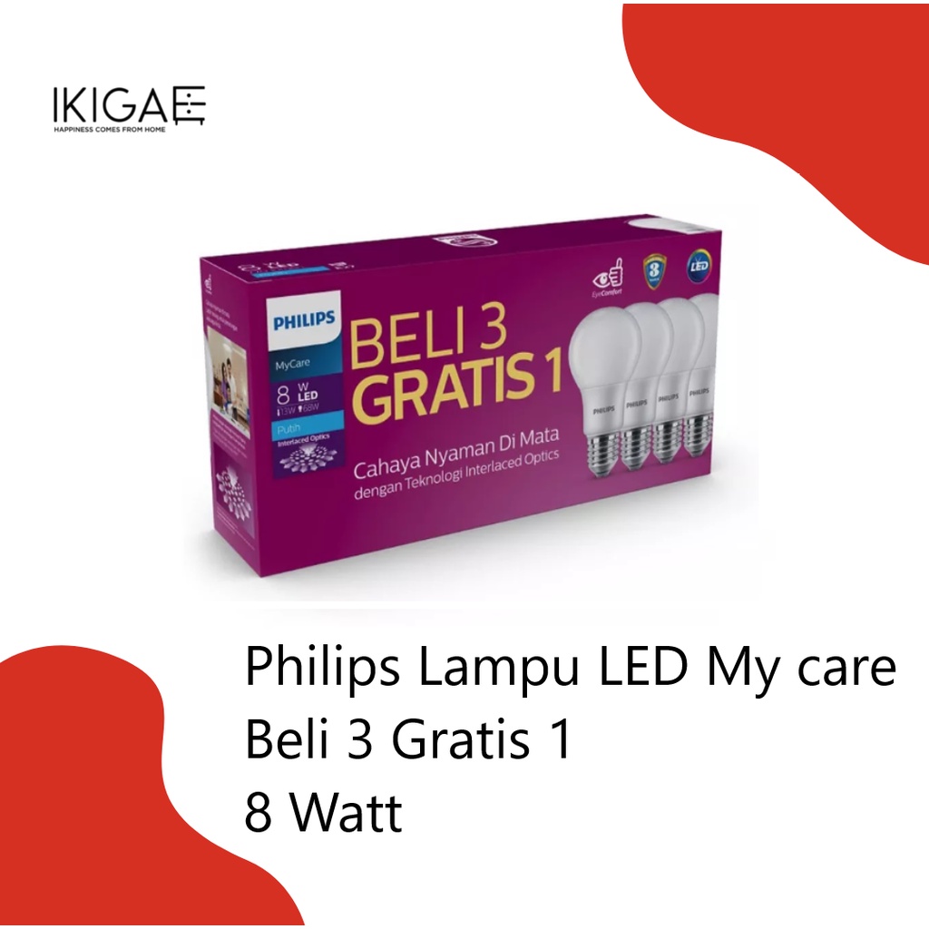 PHILIPS LAMPU LED MYCARE PACK BULB 8W 6500K PUTIH BELI 3 GRATIS 1