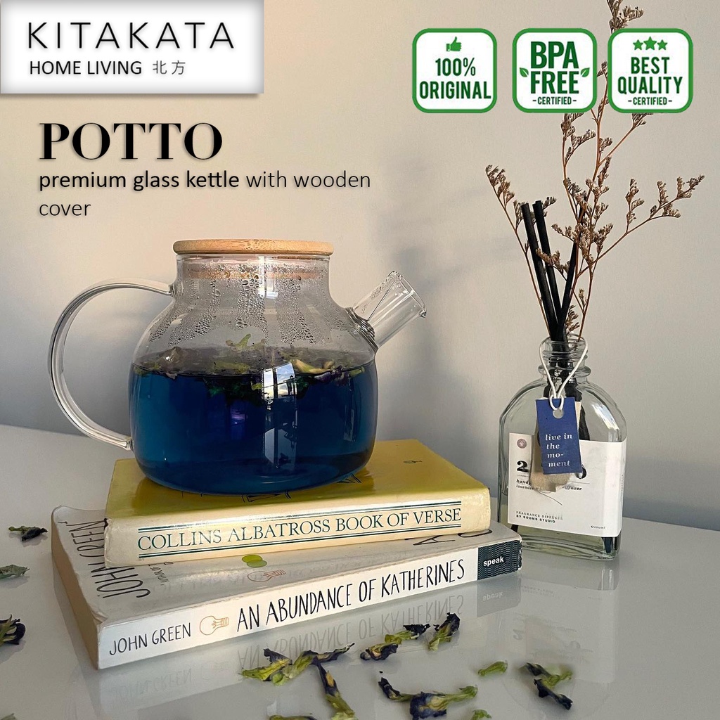 KITAKATA POTTO Teapot Teko Teh air panas kaca dengan tutup kayu anti panas High Borosilicate berkualitas tekko kaca pemanas air kompor aman masak air kaca