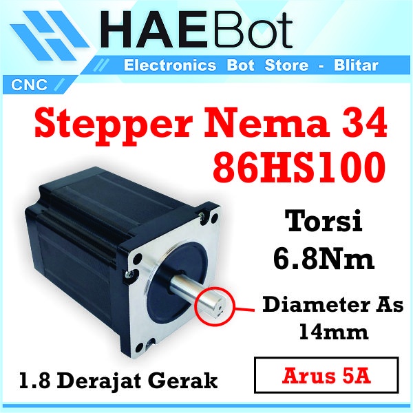 [HAEBOT] Motor Stepper Nema 34 86HS100 6.8Nm 100mm 5A Shaft 14mm CNC Laser Router Plasma Milling High Torque Mesin Robot Induksi Slider Mekanik Bipolar 2 Phase Fasa Coil Dinamo Penggerak