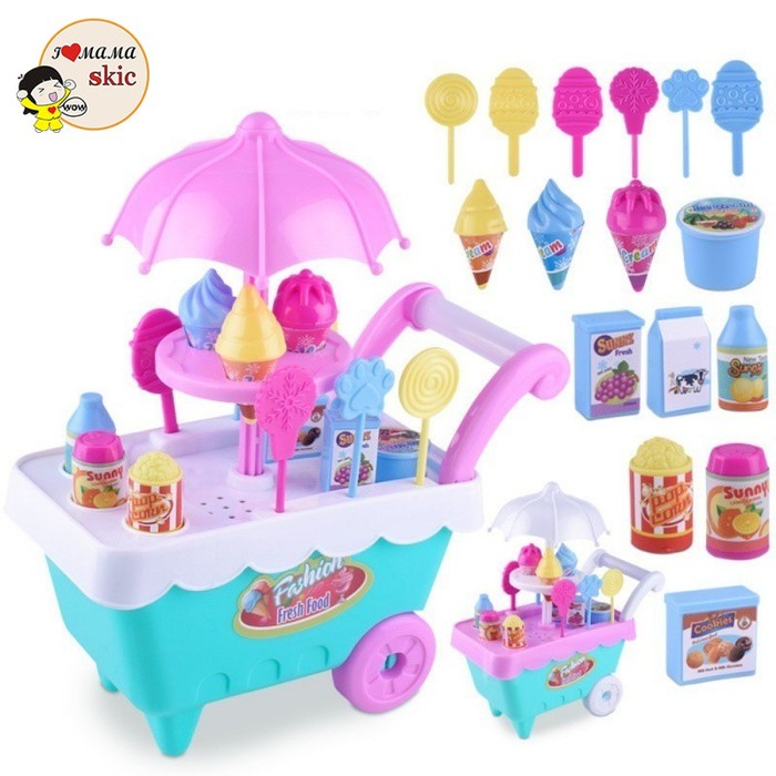 Mainan Anak Kereta Dorong Troli ICE CREAM SHOP TROLLEY SHOP FL 502 Edukasi Berjualan Mainan Anak Gerobak Es Krim Permen Keranjang Bonus 2 Kuda Pony Anak-anak DIY Play Set Makanan Penutup