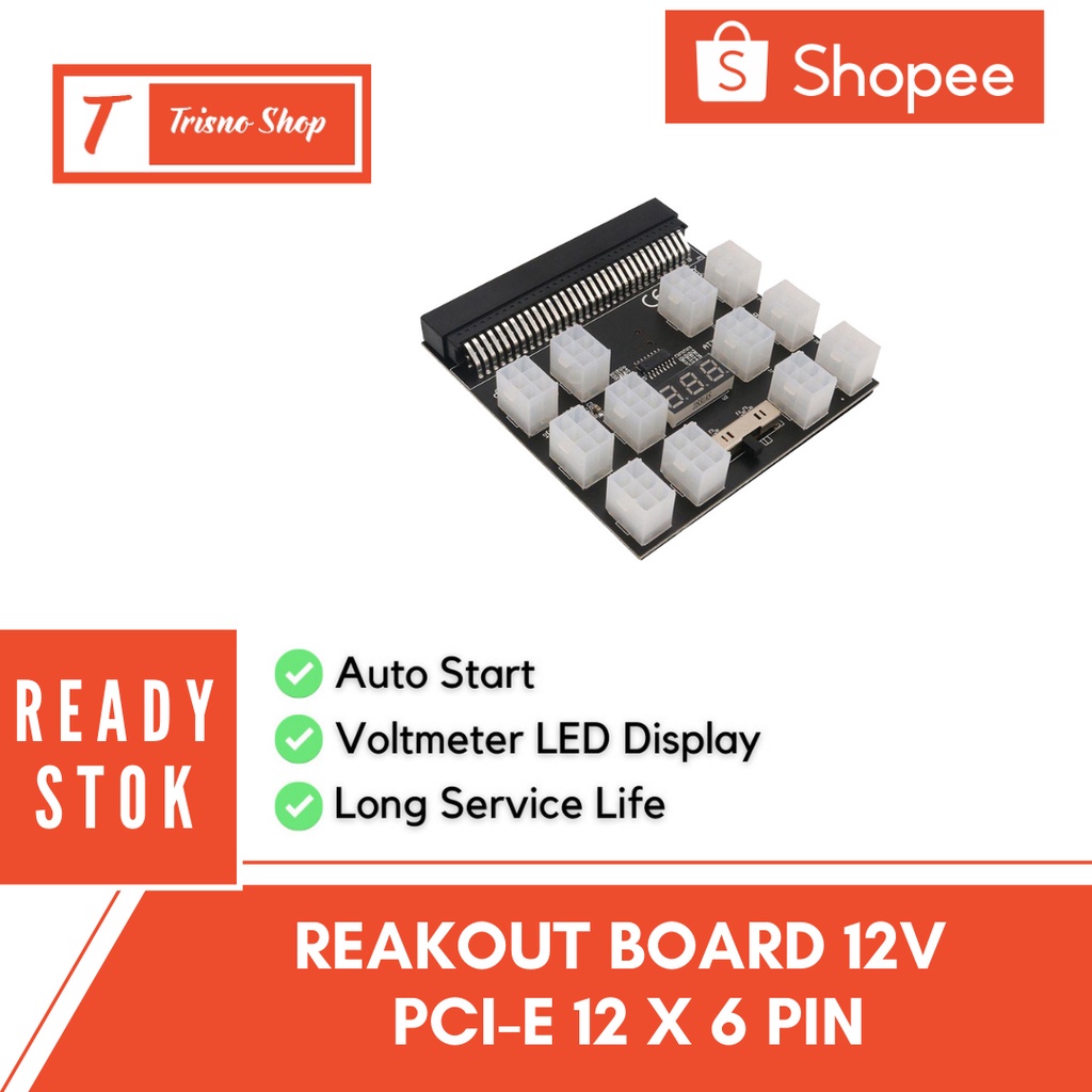 MINING PCI-E 12x6 Pin Server PSU Breakout Board 12V - Black, 12 Port