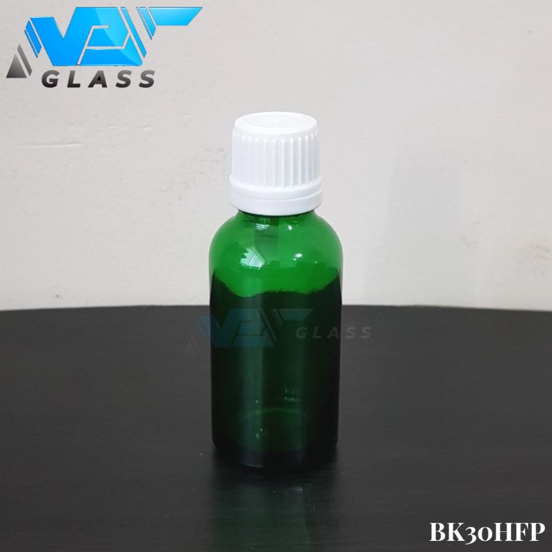 botol kaca 30ml tebal hijau tutup filler putih