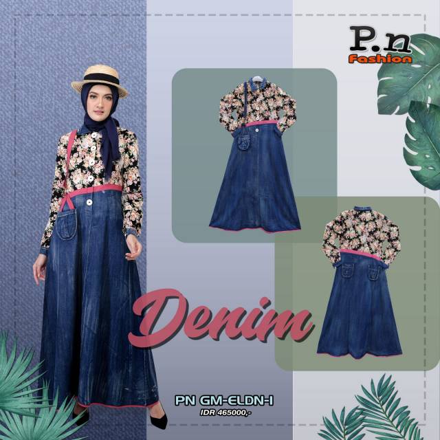 Gamis PN Fashion ELDN 01 Gamis jeans variasi Motif bunga hitam