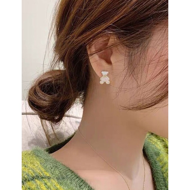 LRC Anting Tusuk Fashion Golden Diamond Bear Resin Alloy Earrings A61814