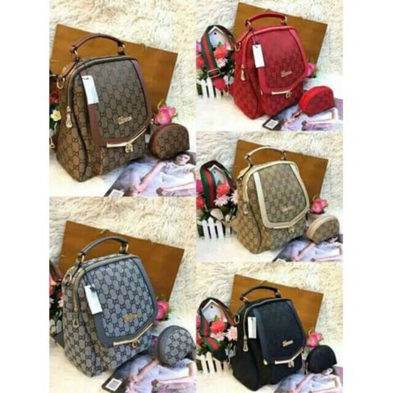 TAS BACKPACK SET BENZOS KEREN GUCCI TAS TRENDI MASA KINI RANSEL WANITA ZIPPER KAIT KUNCI ANTI THEFT