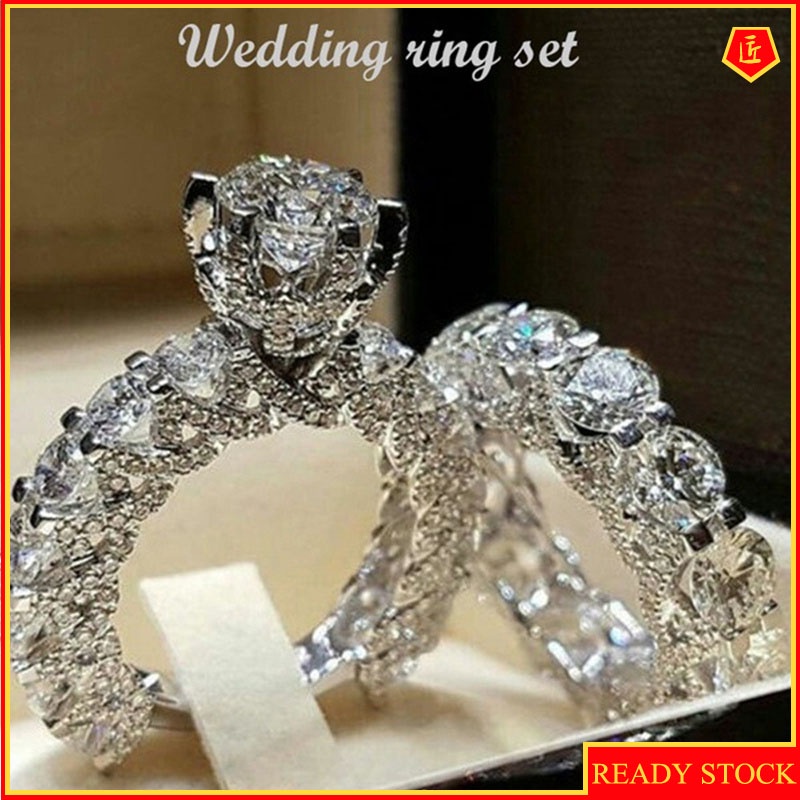 [Ready Stock]Classic round Full Diamond Ring Set Luxury Fashion