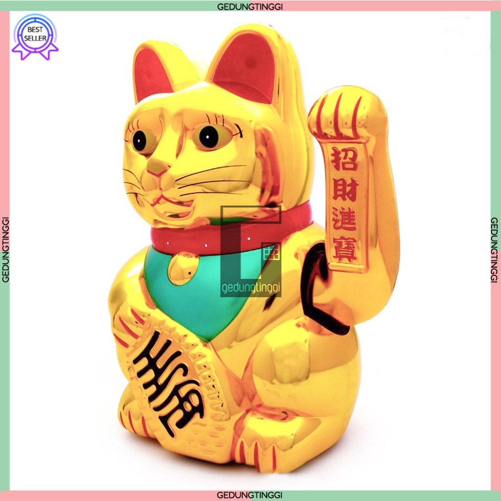 Patung Pajangan Boneka Hiasan Dekorasi Koleksi Kalung Kucing Hoki Lucky Cat Keberuntungan Maneki Neko Maneko Neki Rejeki Rezeki Cina China Jepang Tangan Goyang Gerak Jumbo Besar XL Muscle Otot Plastik Non Solar Keramik Mini Emas Gold Baterai Batre Batrai