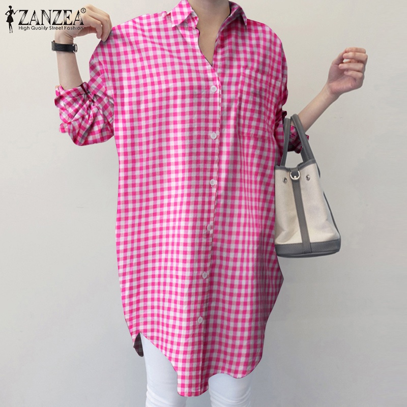 ZANZEA Women Casual Fashion Full Sleeve Turn-Down-Collar Plaid Color Print Long Blouse