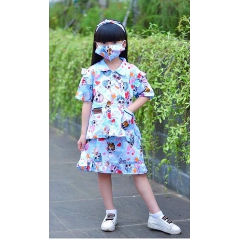 Setelan anak perempuan/oneset/tunik anak perempuan/set rok masker+bando/setcel