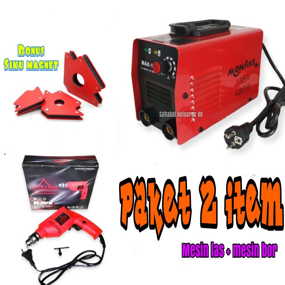 PROMO paket !! Mesin Las Inverter MMA 135A IGBT 480 watt merk MONAKE + GERINDA 4 INCH / Mesin las / Mesin trafo las / welding + BOR 10m FREE siku magnet