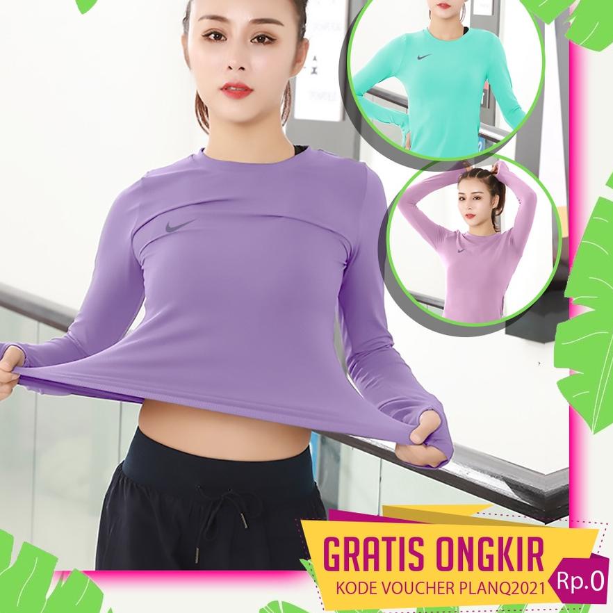 Atasan Olahraga Wanita Hijab Lengan Panjang Modis Baju Sport Korea Kaos Cewek Olahraga Gym Zumba Aer