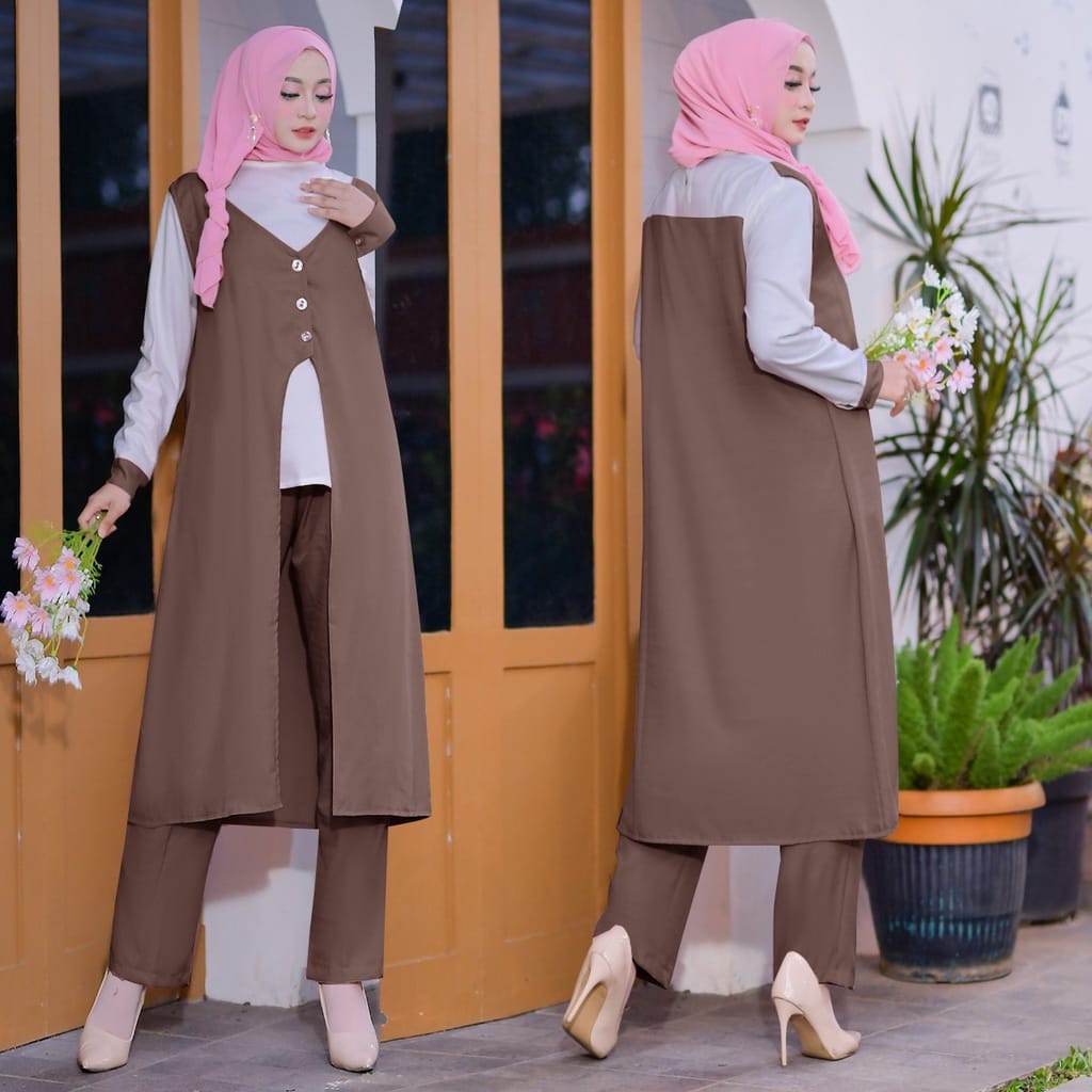 ONE SET LONG TUNIK SHAKILA PREMIUM/SETELAN WANITA KOMBINASI KEKINIAN