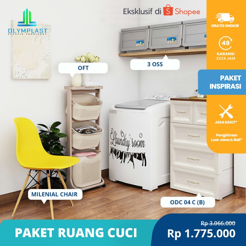 olymplast ruang cuci set rak susun 1 pcs   kotak penyimpanan 3 pcs   drawer 1 pcs   kursi 1 pcs