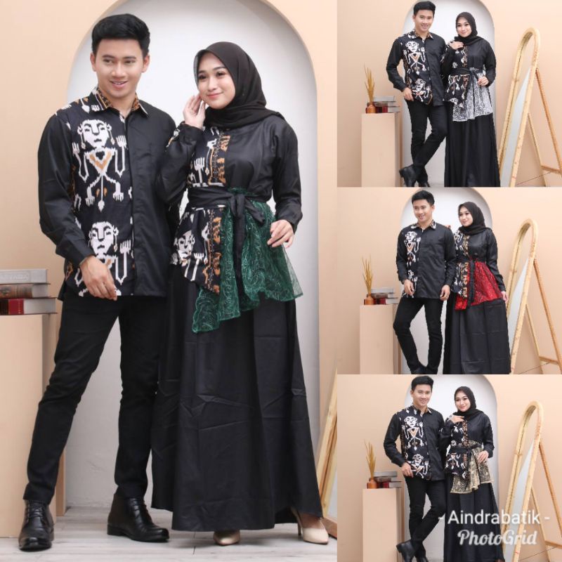 Aindra Batik Pekalongan CP Couple Gamis Longdress Kombinasi Brokat Tile Motif Etnic Songket Toraja Tengkorak