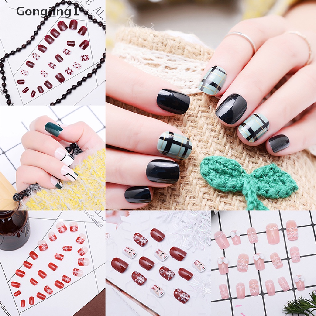 Gongjing1 Stiker Kuku Palsu Full Cover Bahan Akrilik Reusable Untuk Nail Art