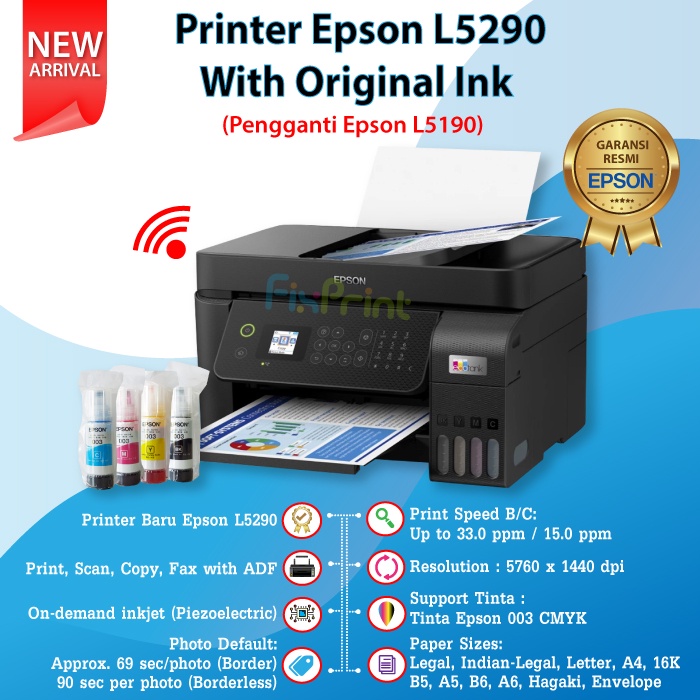 Printer Epson L5290 / L5296 Pengganti L5290 Print Copy Scan F4 Fax ADF WiFi All in One