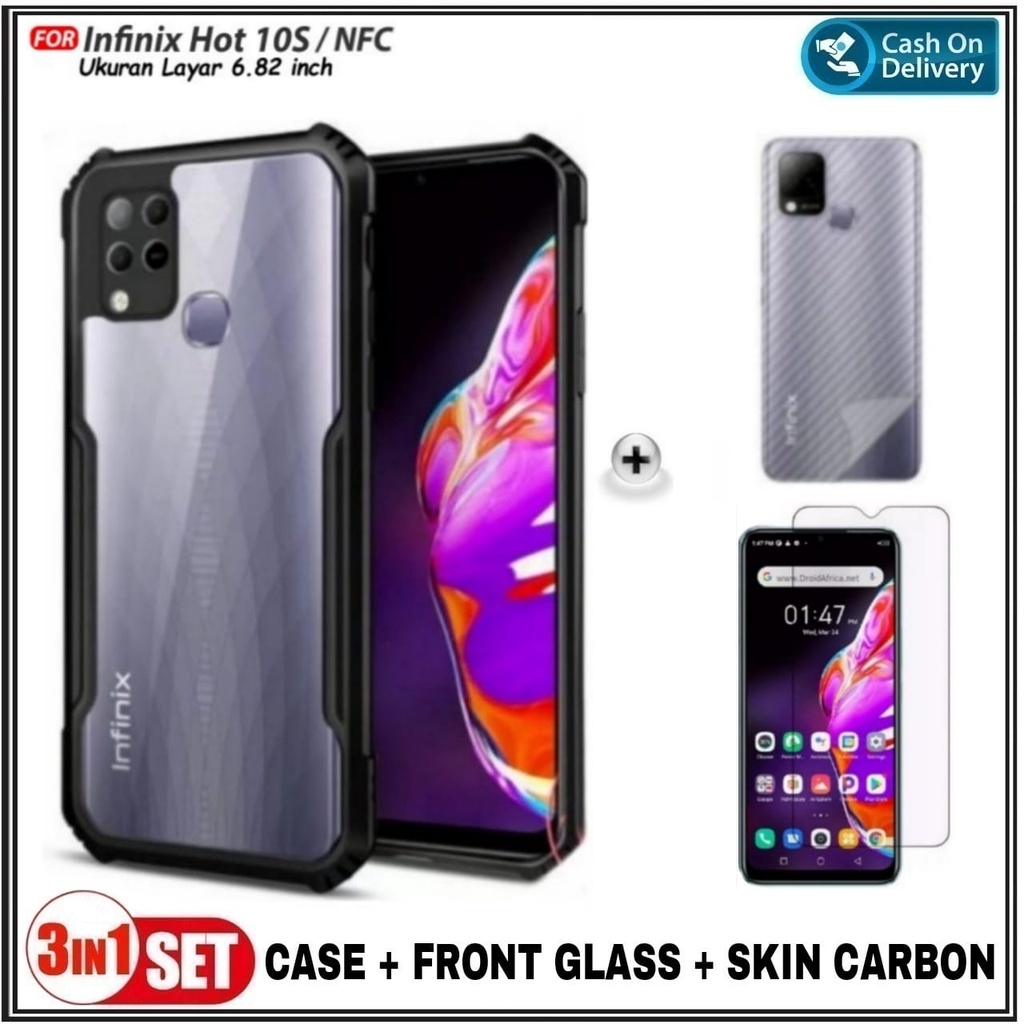 Case Infinix Hot 10T / Hot 10s / 10s NFC Soft Hard Fusion Shockprooft Free Tempered Glass Clear + Garskin Carbon