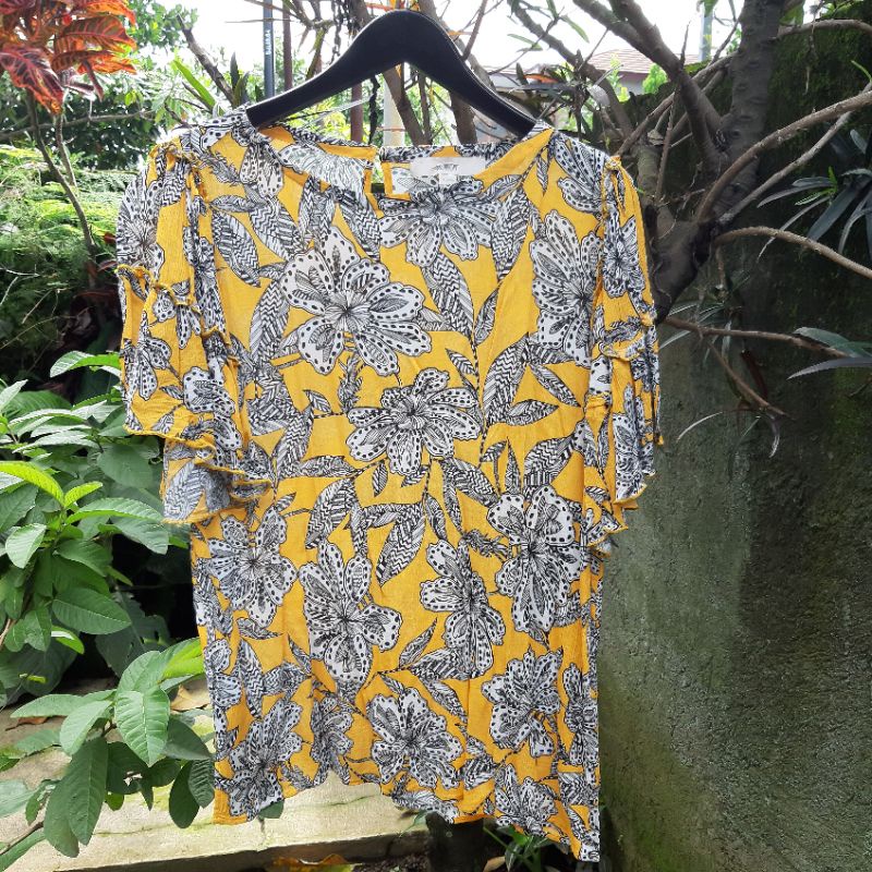 Blouse Top Atasan Floral Kuning Mustard Motif Bunga Loft Export Original
