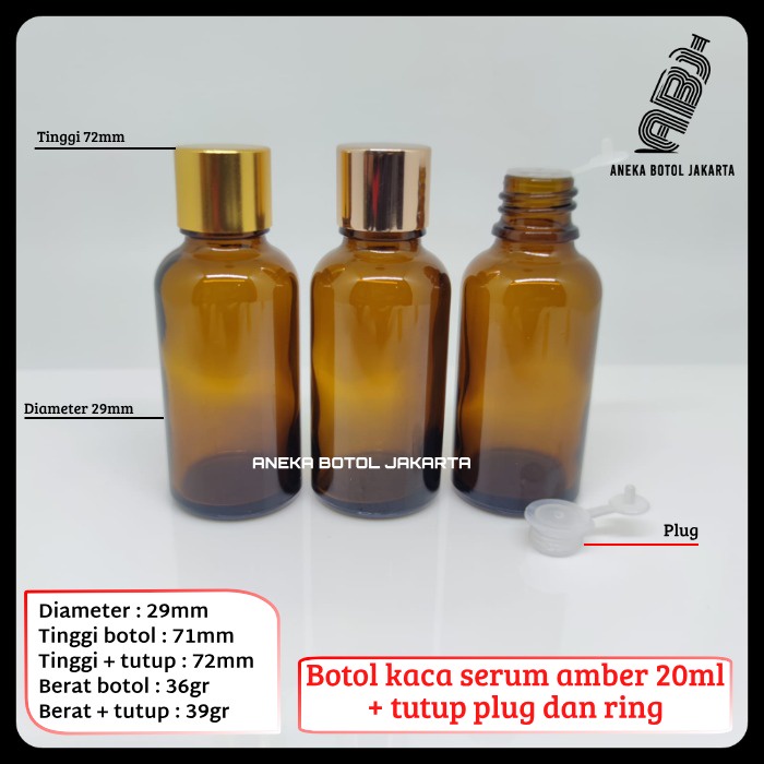 Botol kaca serum amber 20ml plug ring