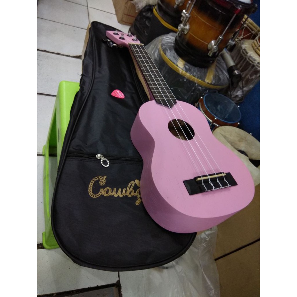 Ukulele Soprano Merk Cowboy Original Tipe UK-21 PK Warna Pink Bonus Tas Senar Pick Murah Jakarta