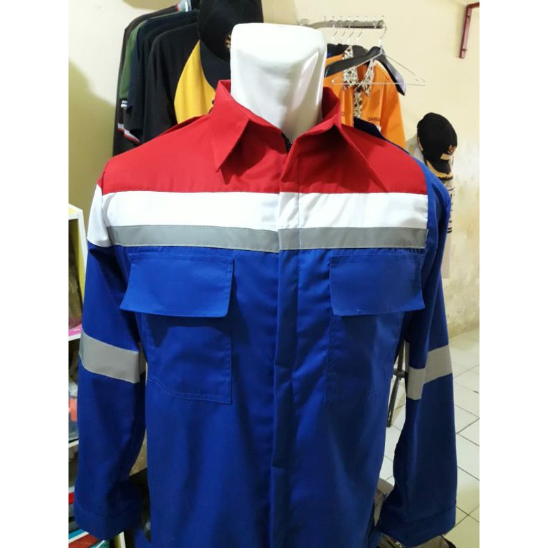 BAJU SERAGAM SAFETY PERTAMINA BIRU MERAH PUTIH FREE LOGO K3 BENDERA DRILL RESLETING