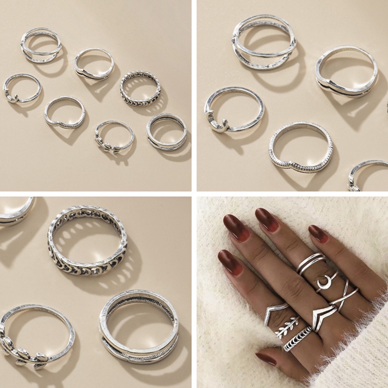 Fancyqube 7pcs/Set Leaf Moon Crescent Rings For Women Antique Punk Knuckle Midi Rings Set Vintage Anillos Jewelry Accessories