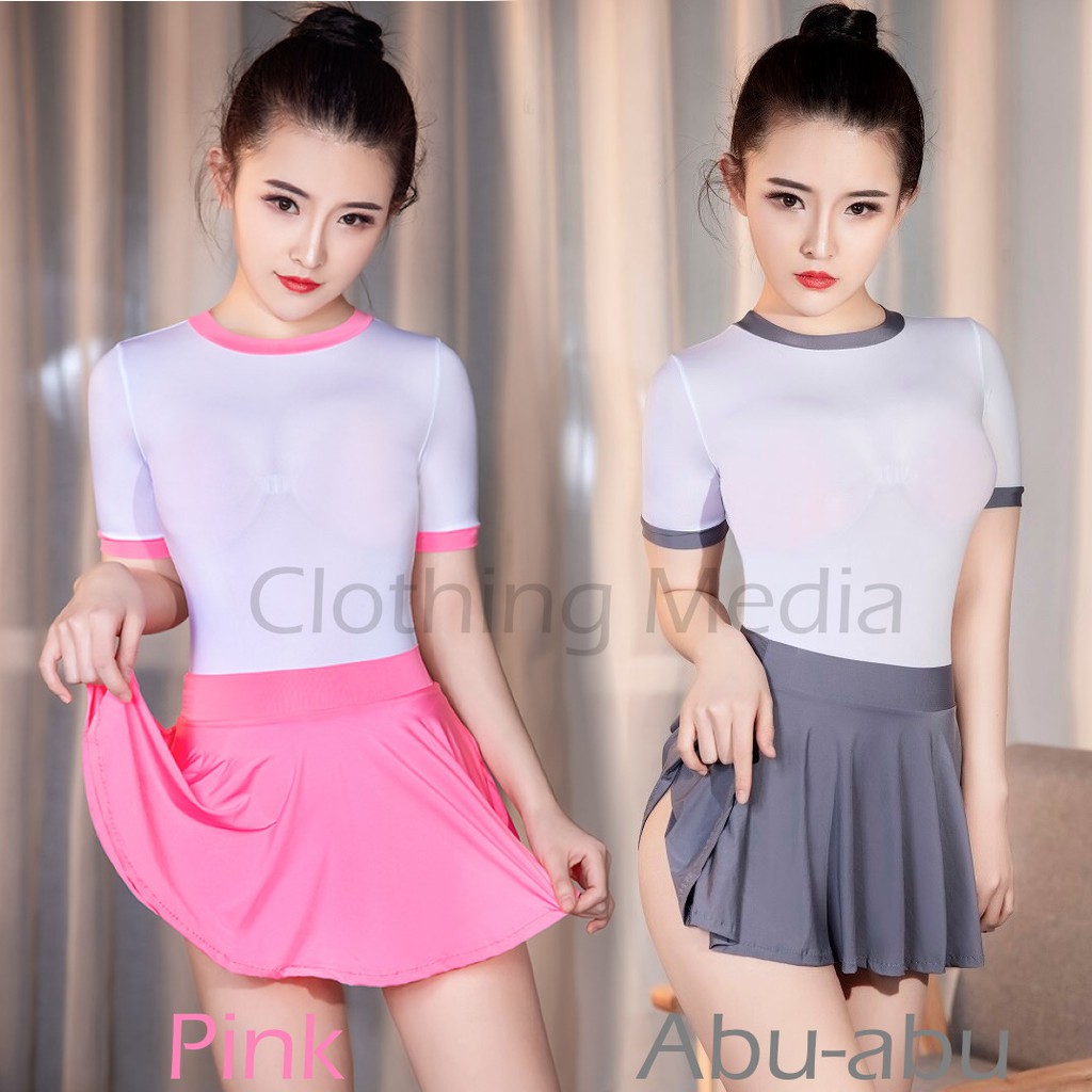 Baju Leotard Rok Set Silky Cosplay Sporty Jepang Elastis Semi Transparan