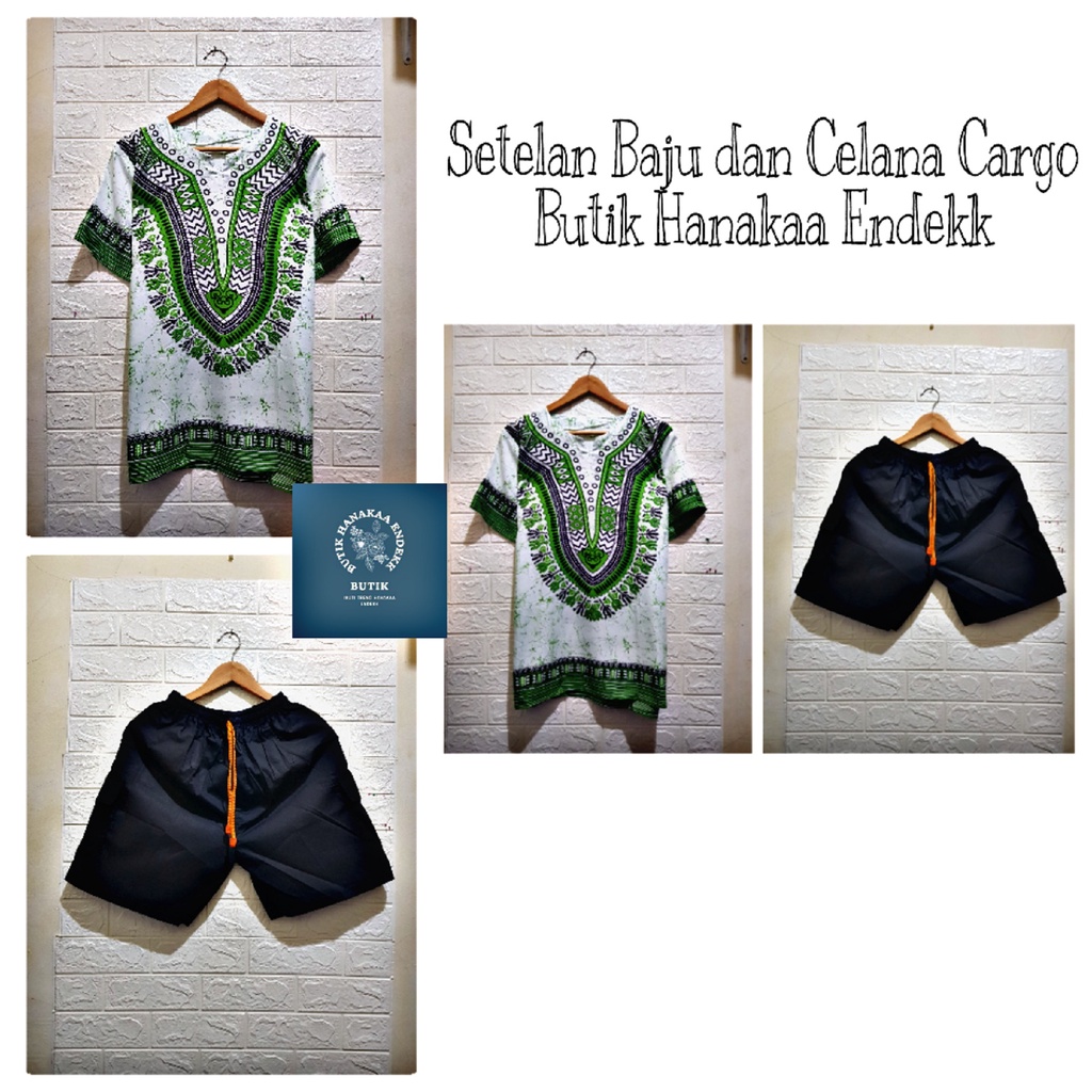 Set/Setelan Baju dan Celana Cargo Etnik Putih Warna Pria/Wanita (Unisex)