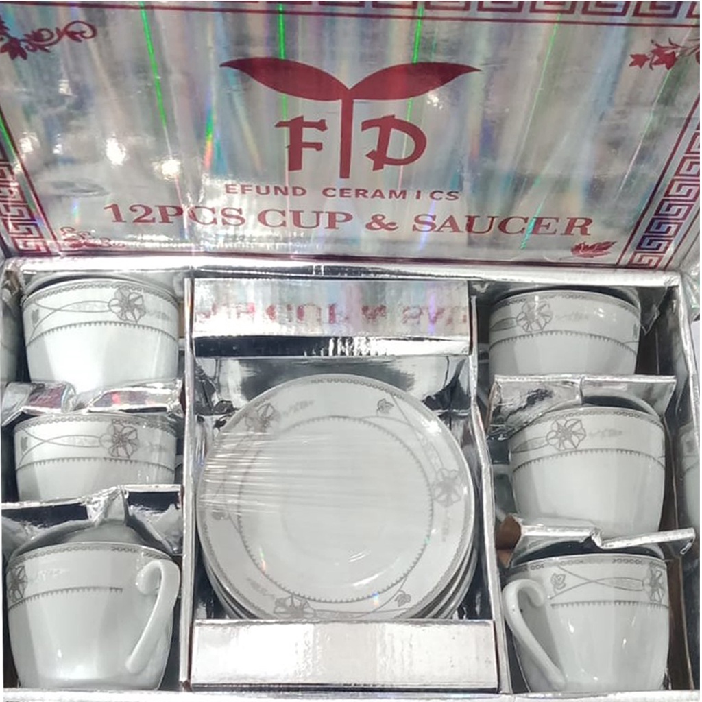 Cangkir Teh Keramik Bunga Silver Set 12 Hampers Hadiah Gift Box Kado Ulang Tahun