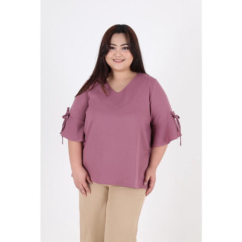 Sorabel - Dassara Plain Ribbon Blouse Big Size / Blouse Wanita V Neck Jumbo Lengan 3/4-2
