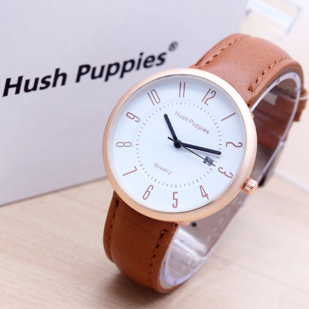 Jam Tangan Pria Cowok Hush Puppies Numberic Leather Brown White