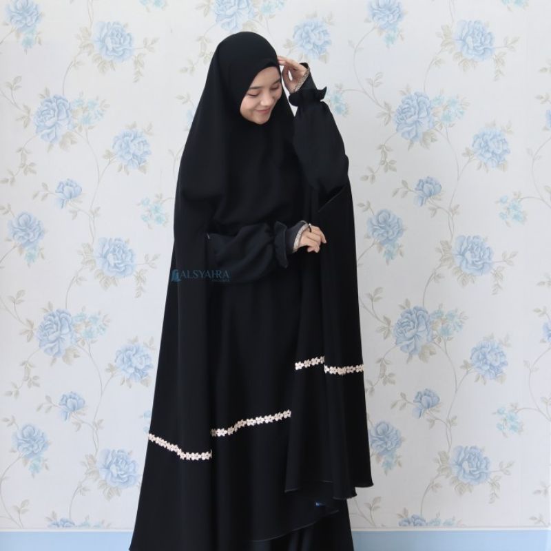 Set Khimar Syari Handzipper Nailah Haramain Niqab Poni Jetblack Alsyahra Exclusive